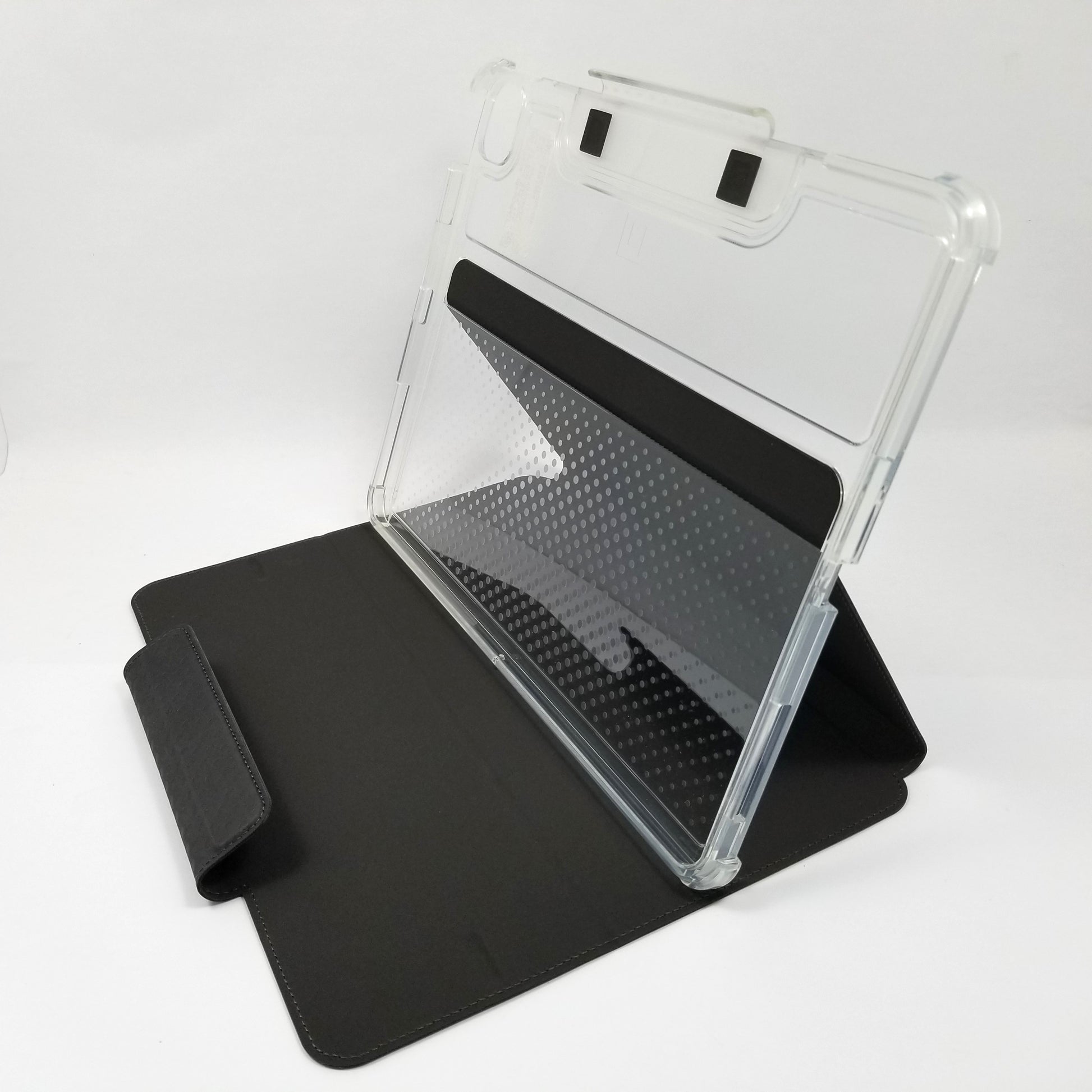 UAG Lucent case propped up in stand position showing transparent tablet holder.