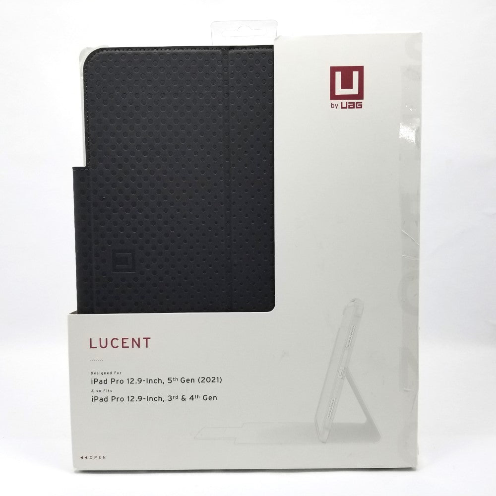 A black UAG Lucent case for Apple iPad Pro 12.9in 3rd 4th 5th Gen (2021) displayed in front of its packaging box.