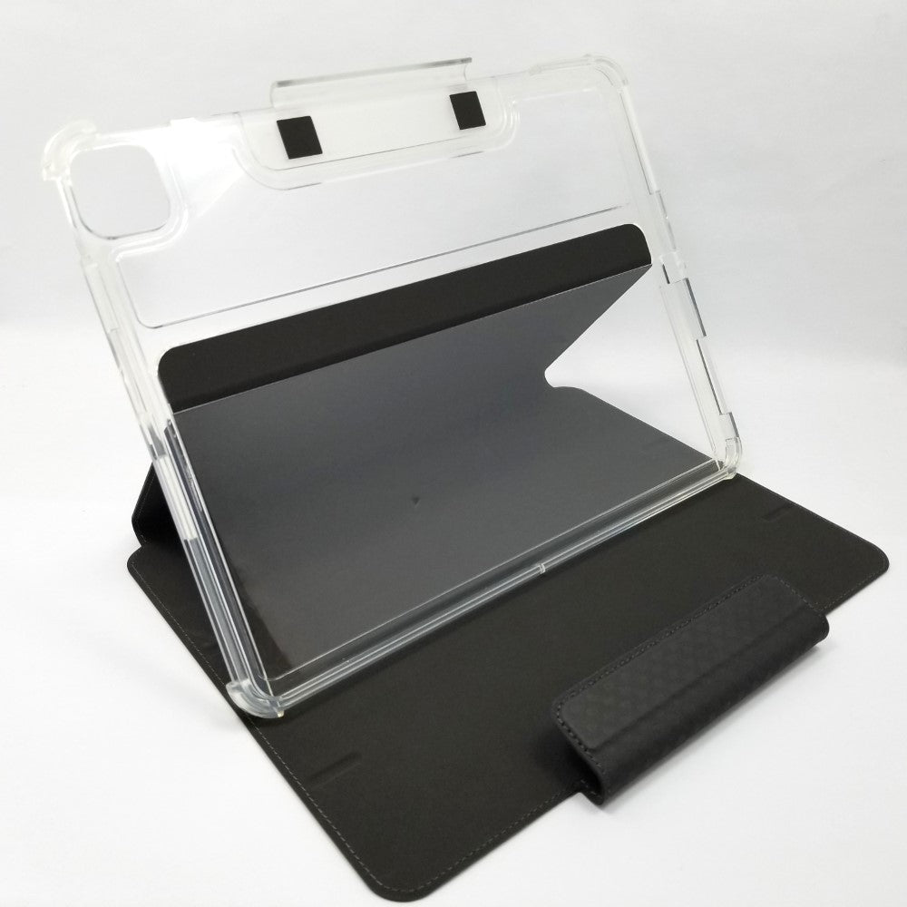 UAG Lucent case for ipad shown in upright position used as tablet stand on a white background.