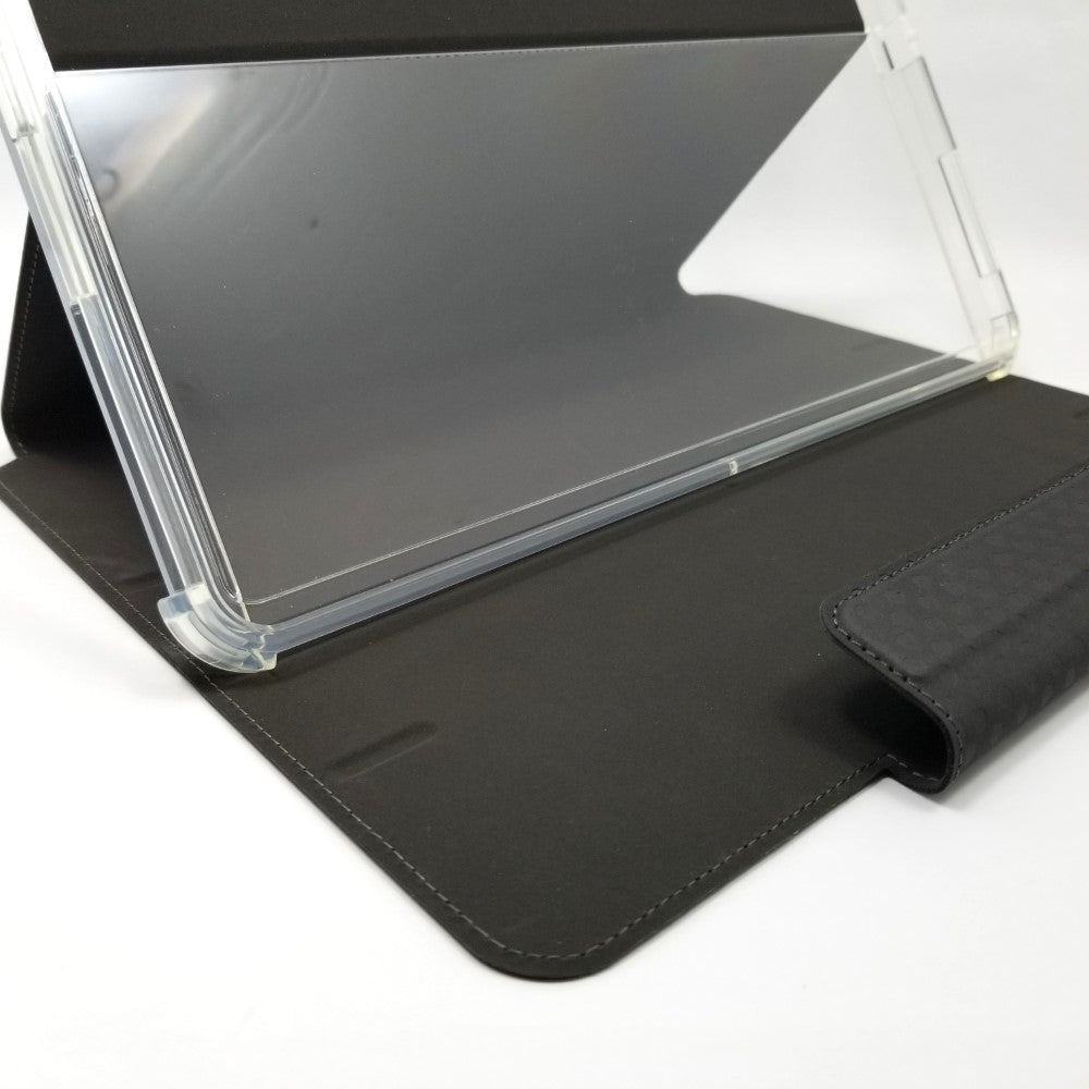Close up of UAG lucent case showing transparent tablet holder and dark cover.