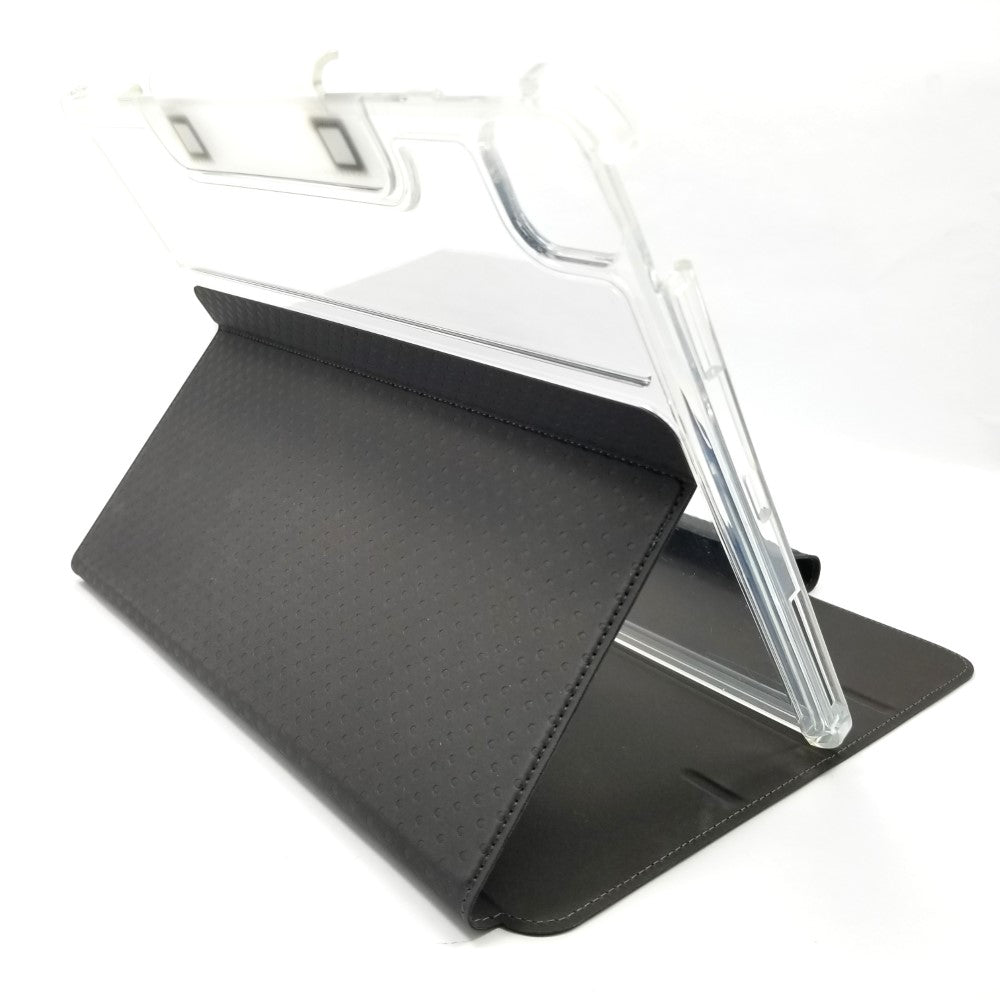 UAG Lucent case propped up in stand position showing back side with transparent tablet holder and dark flip cover.