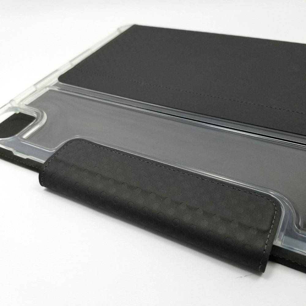 Close up of UAG case showing transparent half and  dark fabric half.