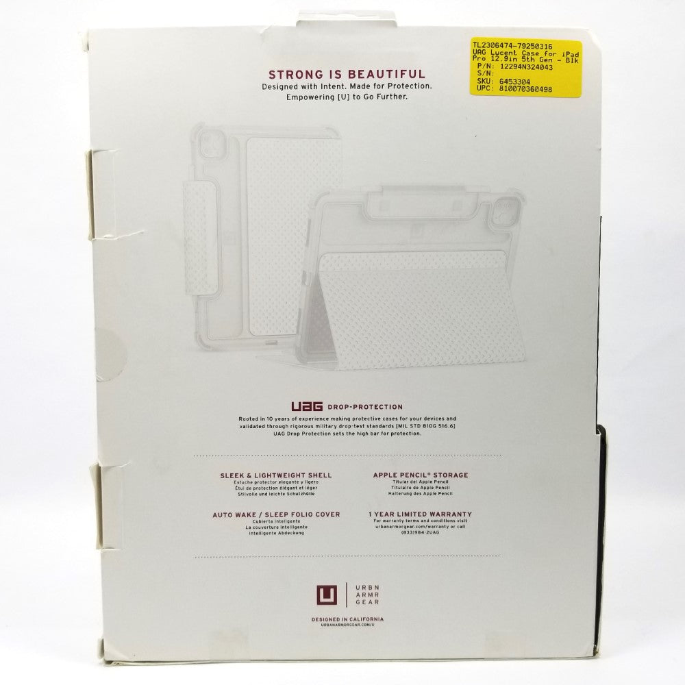 Back side of UAG Lucent case retail packaging on a white back ground.